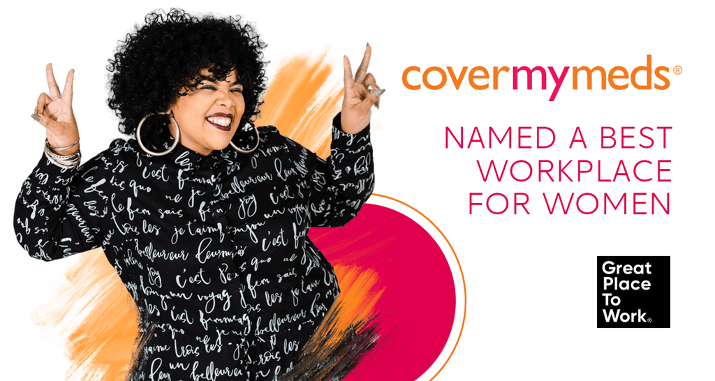 A graphic with the CoverMyMeds logo, an image of a female employee and the text "Named a best workplace for women."