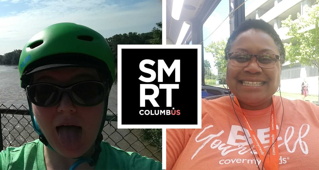 Two CoverMyMeds employees pictured in a photo collage riding alternate modes of transportation. 